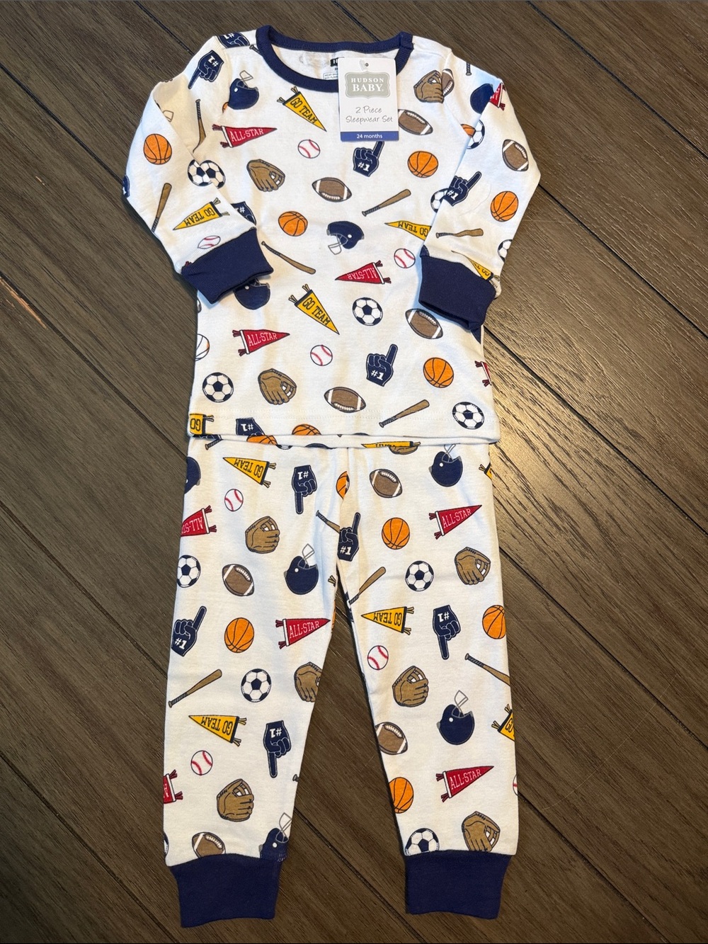 New Hudson Baby White Sports Print Pajama Set with Navy Trim 100% Cotton 24M